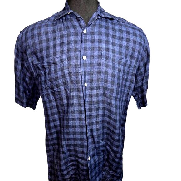 M.G. Gordon XL Blue Black Plaid 100% Linen Short Sleeve Button Casual Shirt - Picture 1 of 8